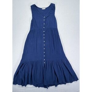 Beachlunchlounge Dress Womens L Blue Gauze Button Front Tiered Midi Pocket